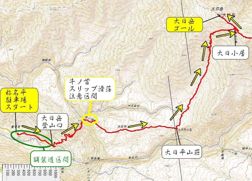 大日岳　称名平から大日岳ルートマップ図