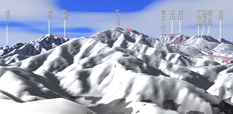 同地点よりカシミール3D映像「劔岳・大日岳・立山
