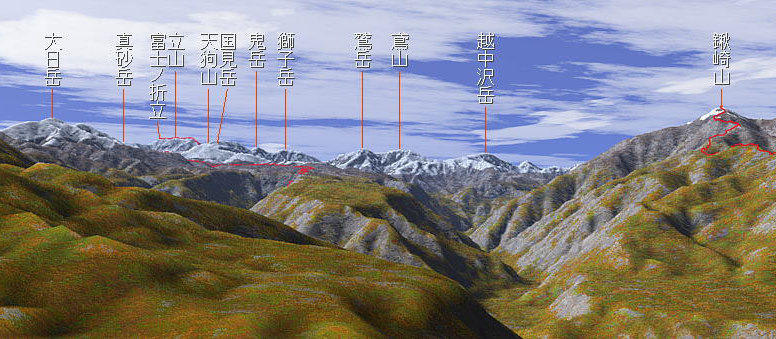 大辻山林道より鍬崎山から立山連峰の景観を3Dにて描写