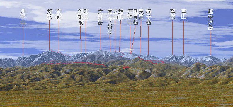 大辻山林道までの道中より立山連峰の景観を3Dにて描写