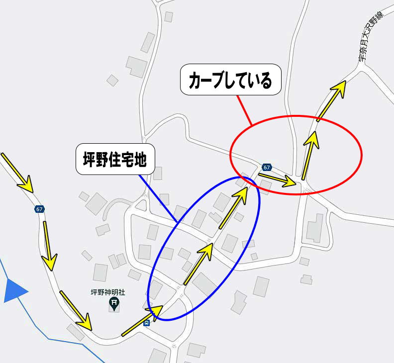 写真による富山県道67号線より坪野住宅地詳細マップ