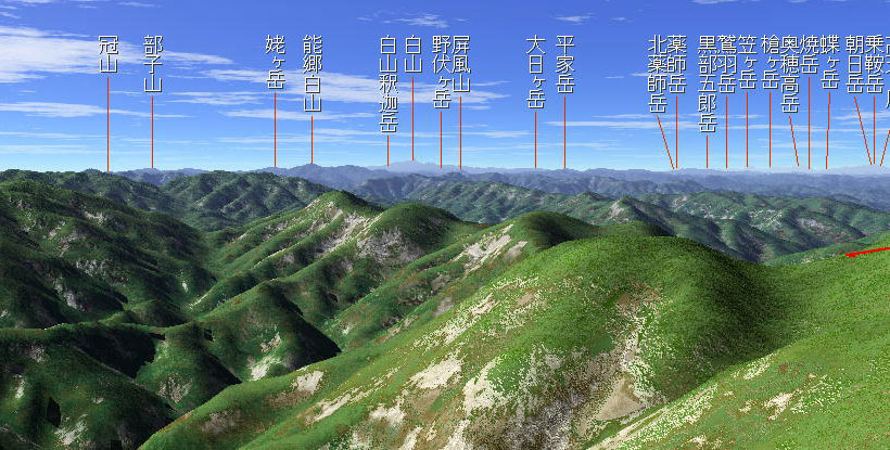 カシミール3Dにて駐車場からの景観を描写！恐らく空気が澄んでいたら、この様な山々の景観が目の前に広がるのだろう！