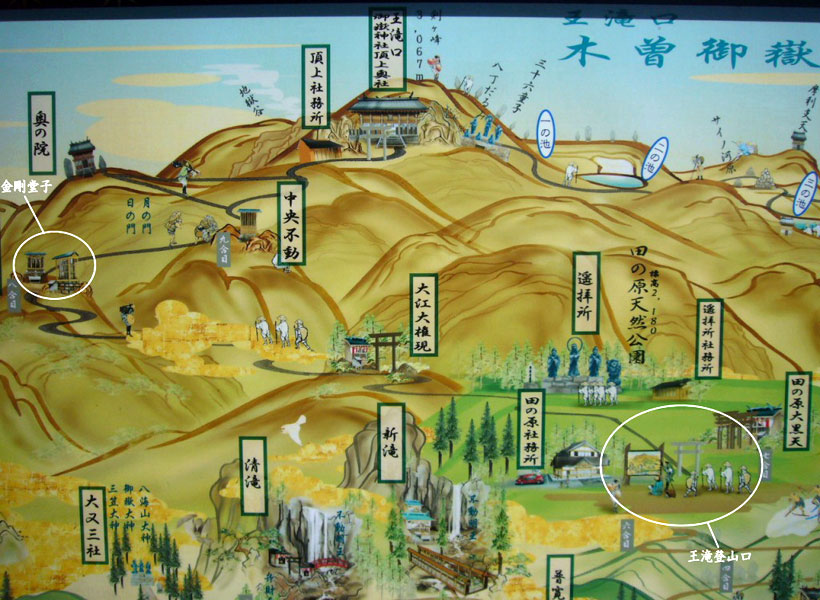木曽御嶽山絵図より、今回登山する王滝コース。金剛堂子から中央不動までの区間は平坦に描かれているが、実際は結構勾配がある