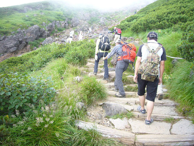 この辺では岩場コースの所々に木階段が整備されており、比較的に歩きやすくなっています。