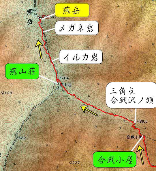中房温泉　合戦尾根から登る燕岳ルートマップ詳細