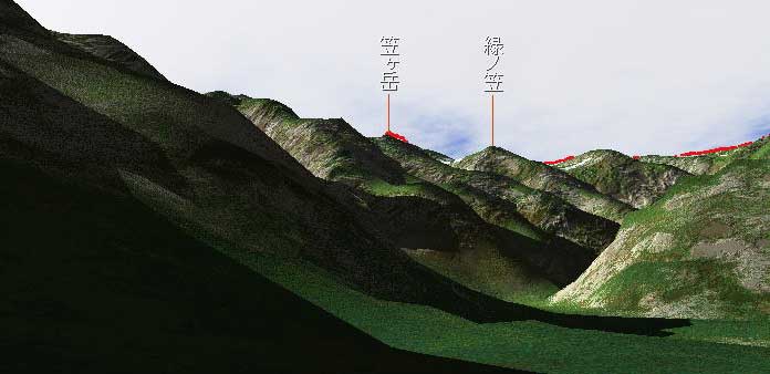 写真紹介より左俣林道から見える笠ヶ岳立体図