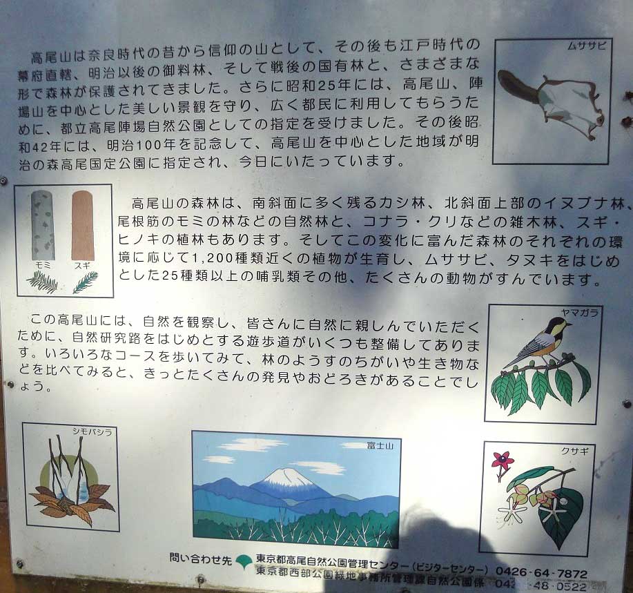 高尾山についての詳細が紹介されている案内板