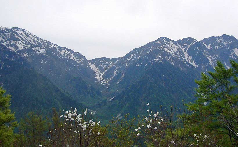 谷をセンターに右の山が赤谷山、左の山が猫又山です。