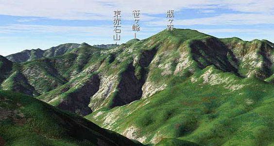 石鎚山登山ルートより前社森からの景観3立体図
