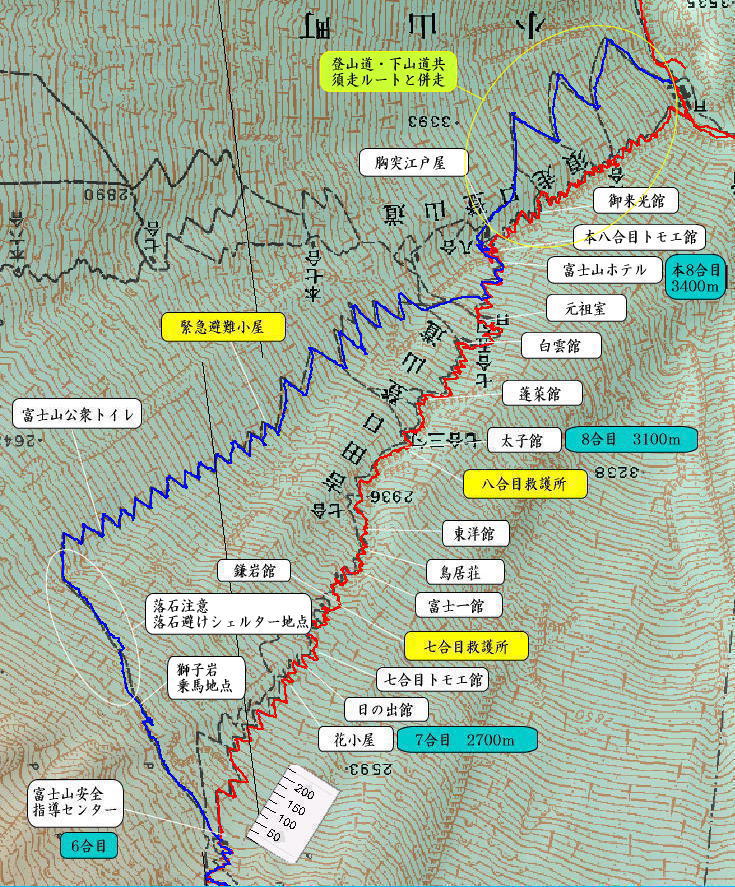 カシミール軌跡地図より山頂下山口から安全指導センター間　詳細地図