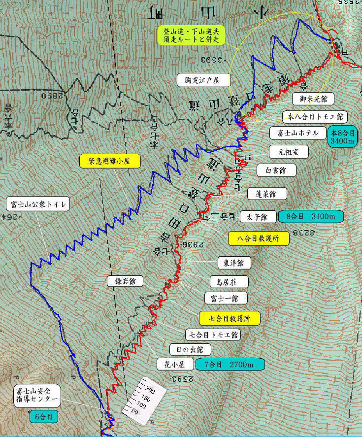 登山軌跡データを利用した吉田ルートの山小屋や避難小屋等を記載した地図