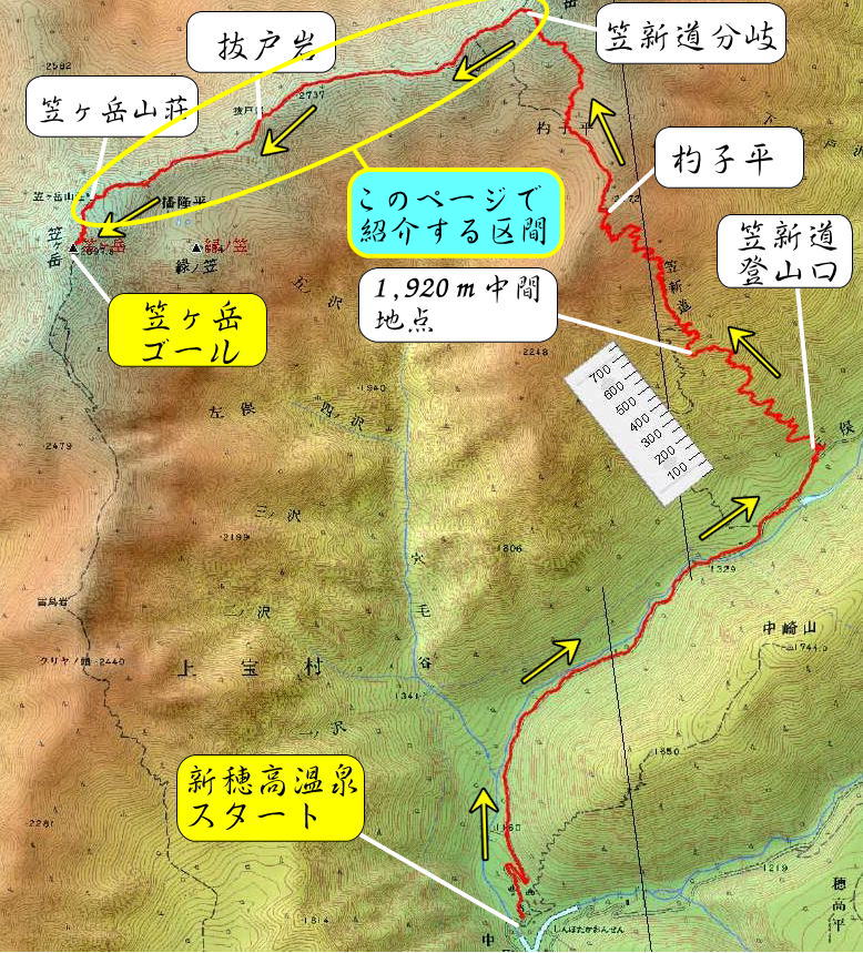 笠ヶ岳登山より抜戸岳から笠ヶ岳山荘区間のルートマップ図