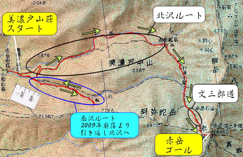 美濃戸から登る八ヶ岳ルートマップ図