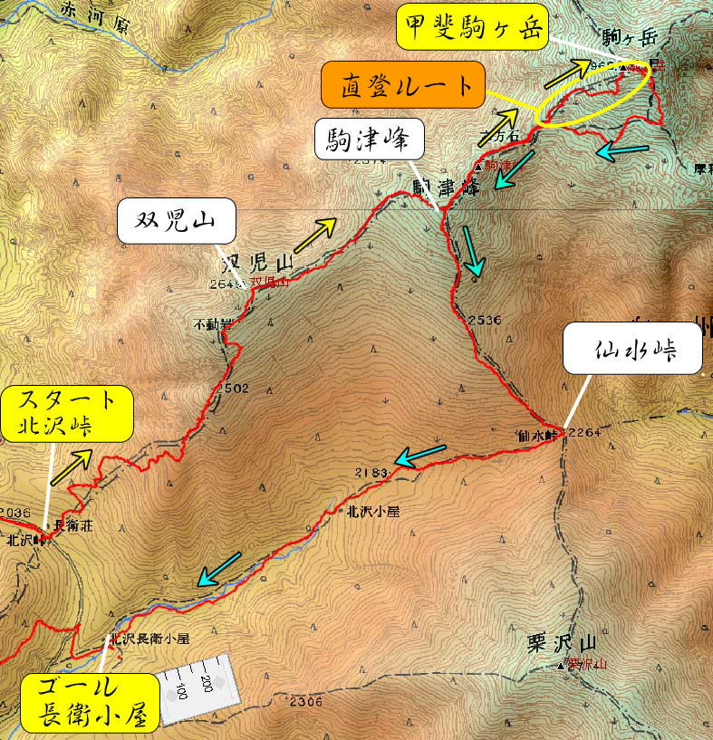 甲斐駒ヶ岳ルートマップ図