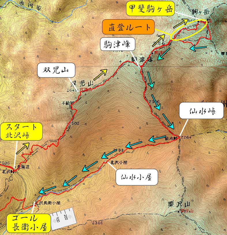 甲斐駒ヶ岳登山 仙水峠ルートマップ図