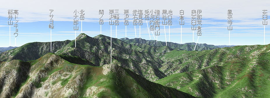カシミール3D右側、茶臼山の横には、仙丈ヶ岳が見える