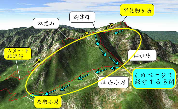 甲斐駒ヶ岳登山 仙水峠ルート立体マップ図