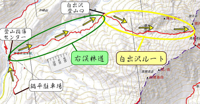白出沢ルートより奥穂高岳ルート全体マップ図