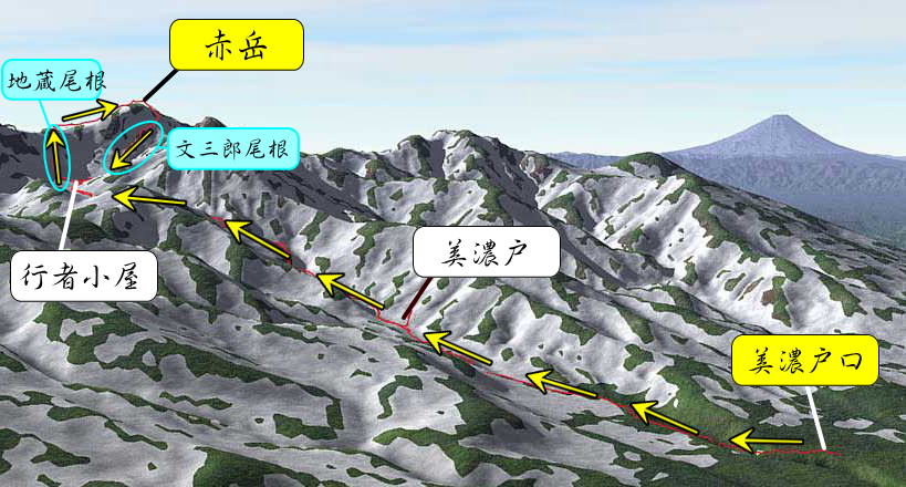 冬、積雪期　八ヶ岳 赤岳登山ルート立体図