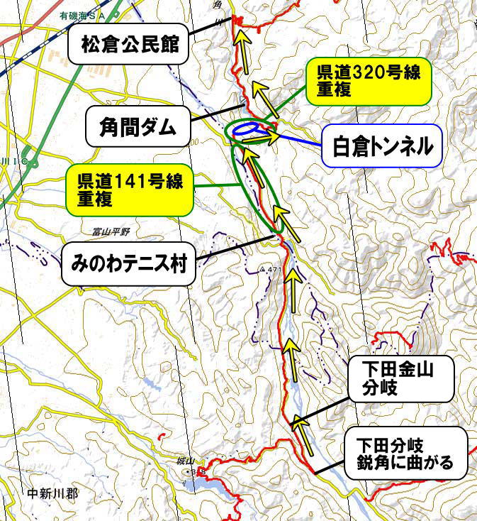 富山県道67号線上市下田から魚津松倉公民館軌跡地図