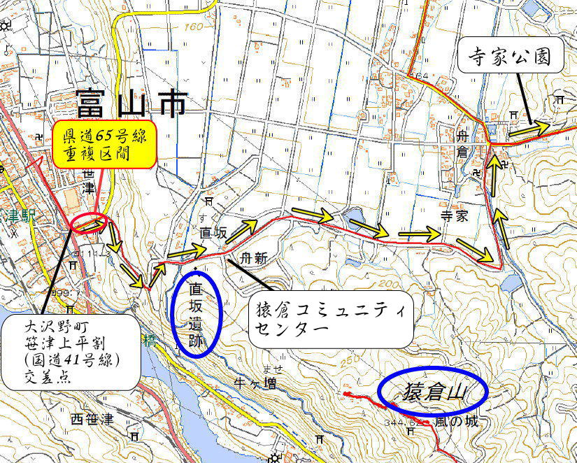 富山県道67号線大沢野区間ルートマップ