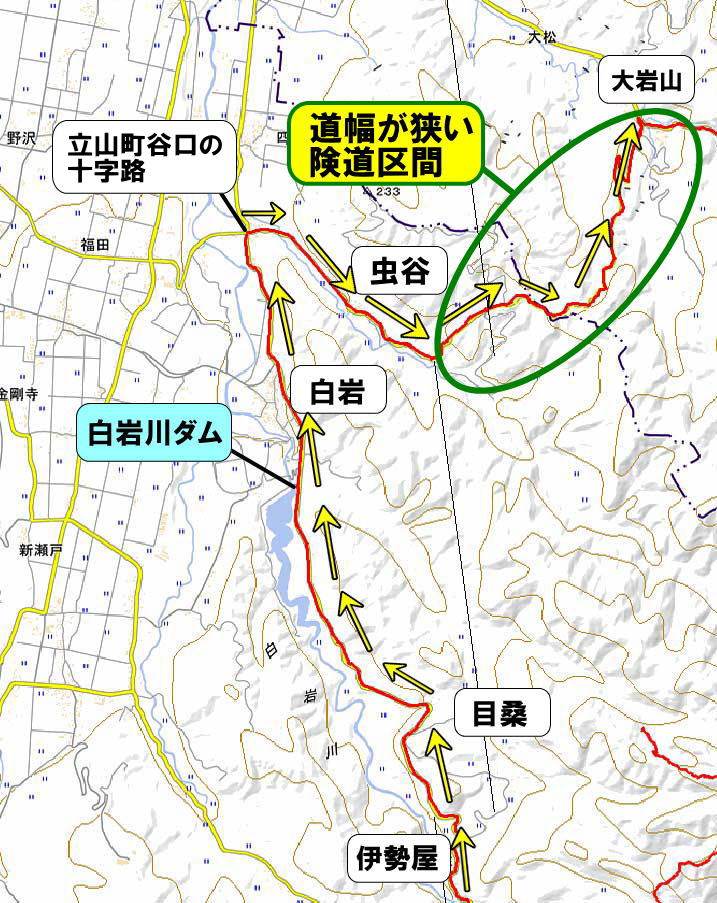 県道67号線伊勢屋から上市大岩山ルート図