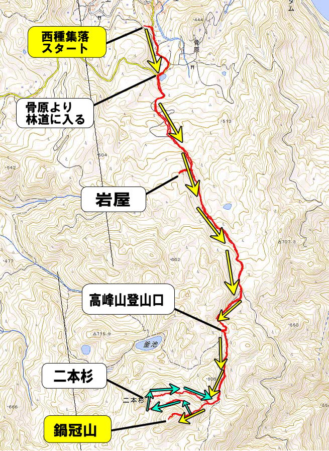 積雪期の鍋冠山登山ルート軌跡マップ