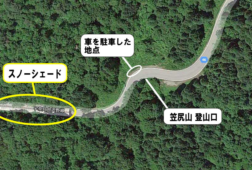 写真による笠尻山登山口アクセス紹介より登山口付近のマップ図