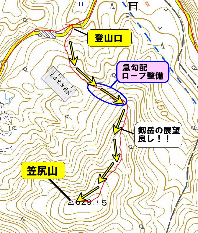富山の山 笠尻山登山軌跡ルート図